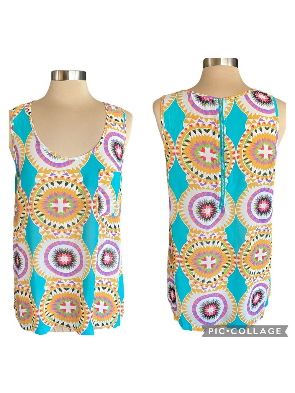 Umgee Sheer Chiffon Geometric Print Top Sleeveless LARGE Retro Mod Artsy